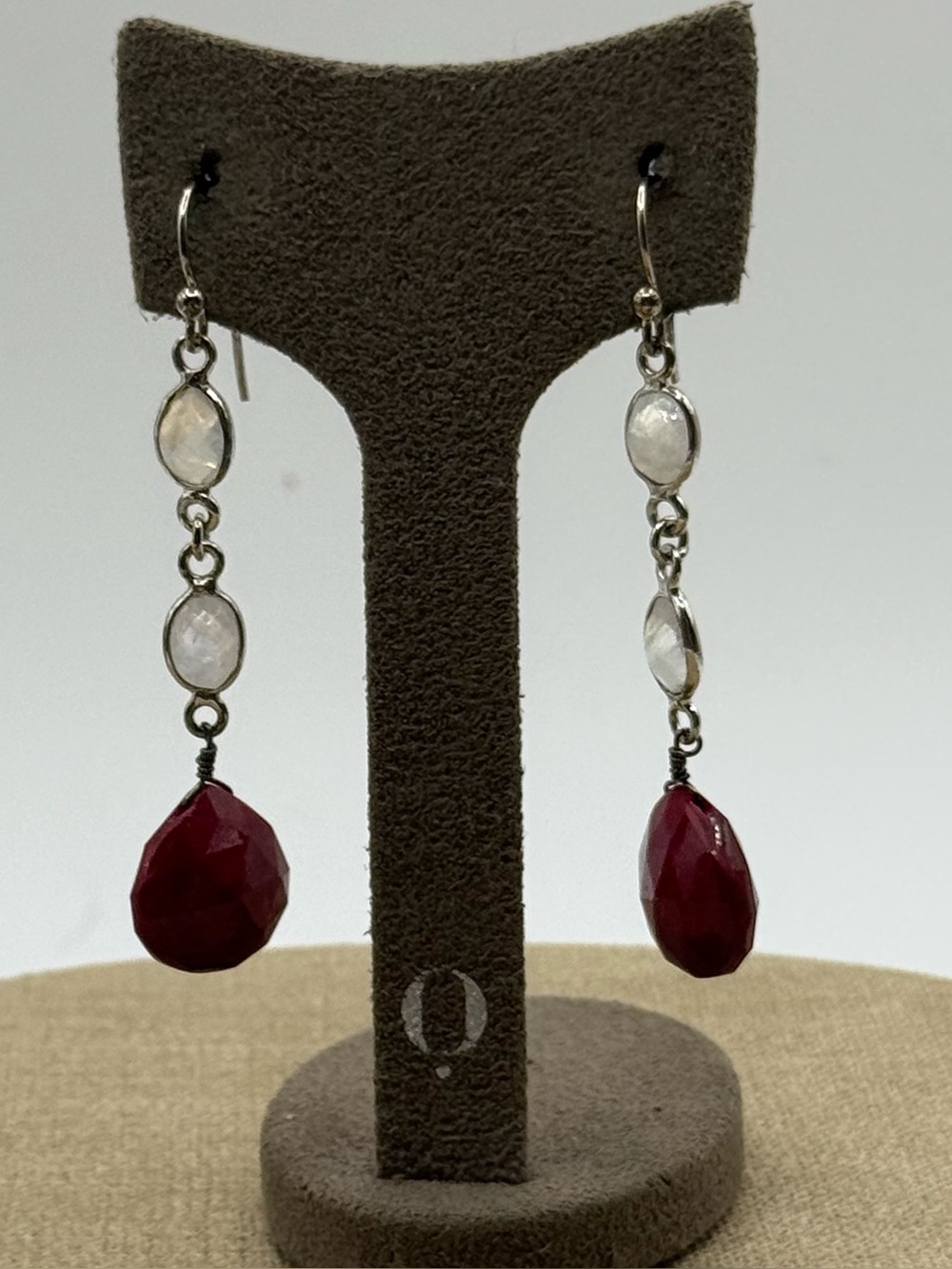 Handcrafted sterling Silver moonstone and ruby faceted Drop Earrings
